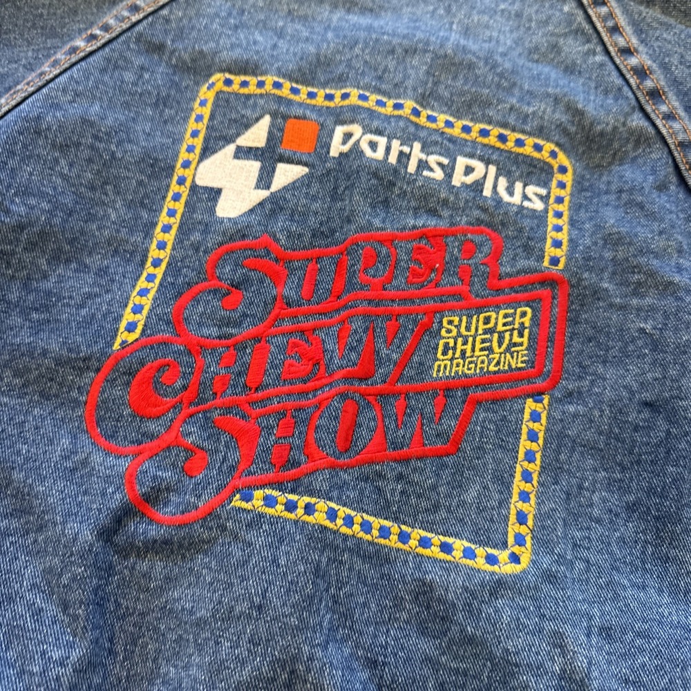 Vintage Denim Bomber Jacket Mens M Super Chevy Parts Plus BFGoodrich Car Show - Picture 9 of 9